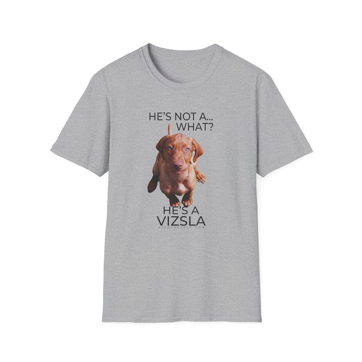 He's Not A What... He's A Vizsla (in Color) - All Around Sports T-shirt (Dk Text)