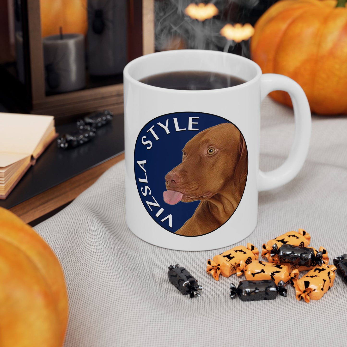 Lake Coeur d'Alene in Blue with Vizsla Style Logo White Glossy Mug