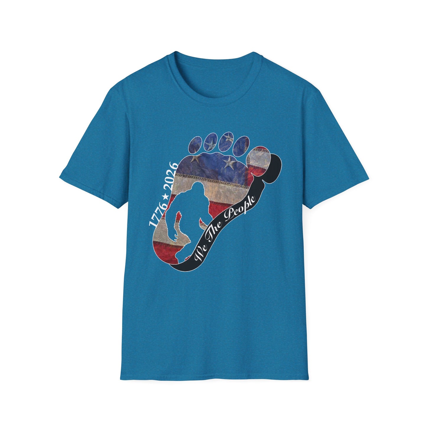 Going Norther Bigfoot T-Shirt — Footprint Silhouette with Distressed Flag & "1776 - 2026 - We The People"