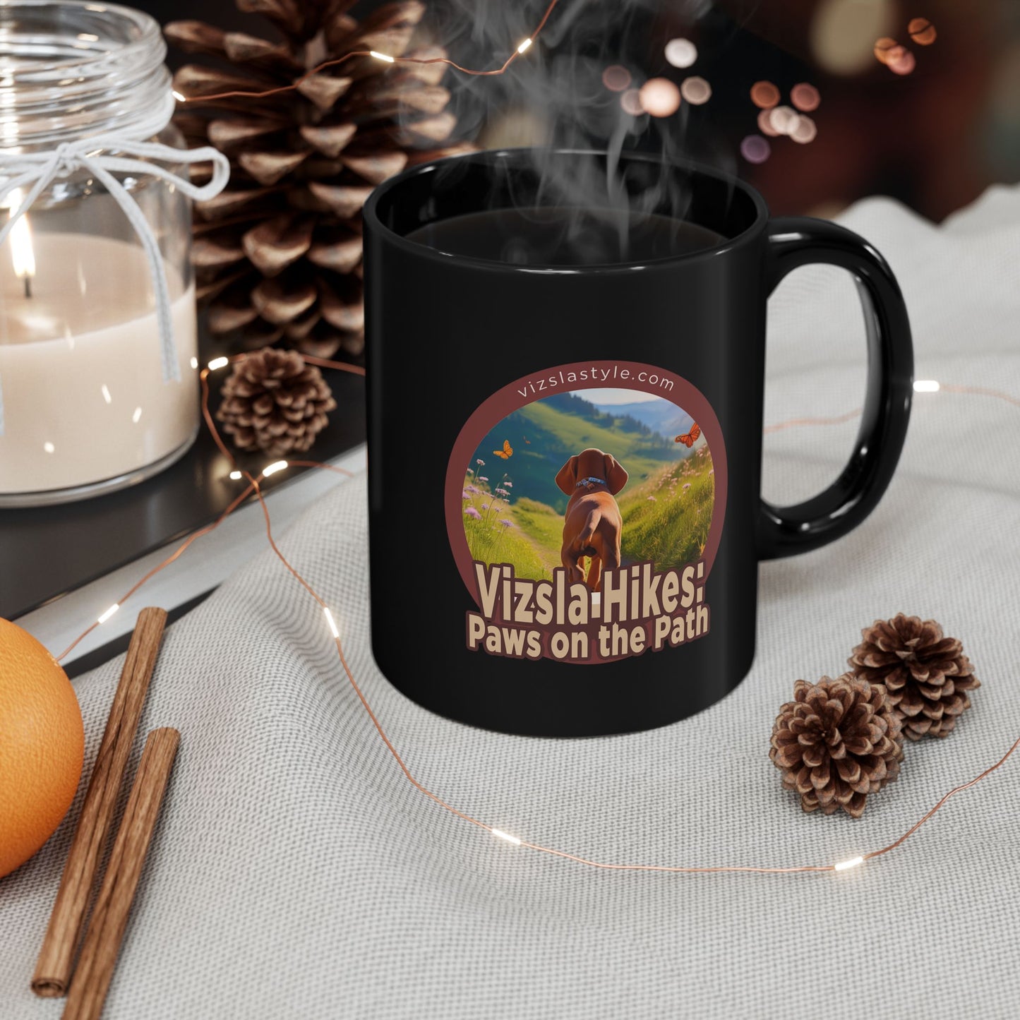 Vizsla Hikes: Paws On The Path (dog) w/ Puppy Face - Black Mug