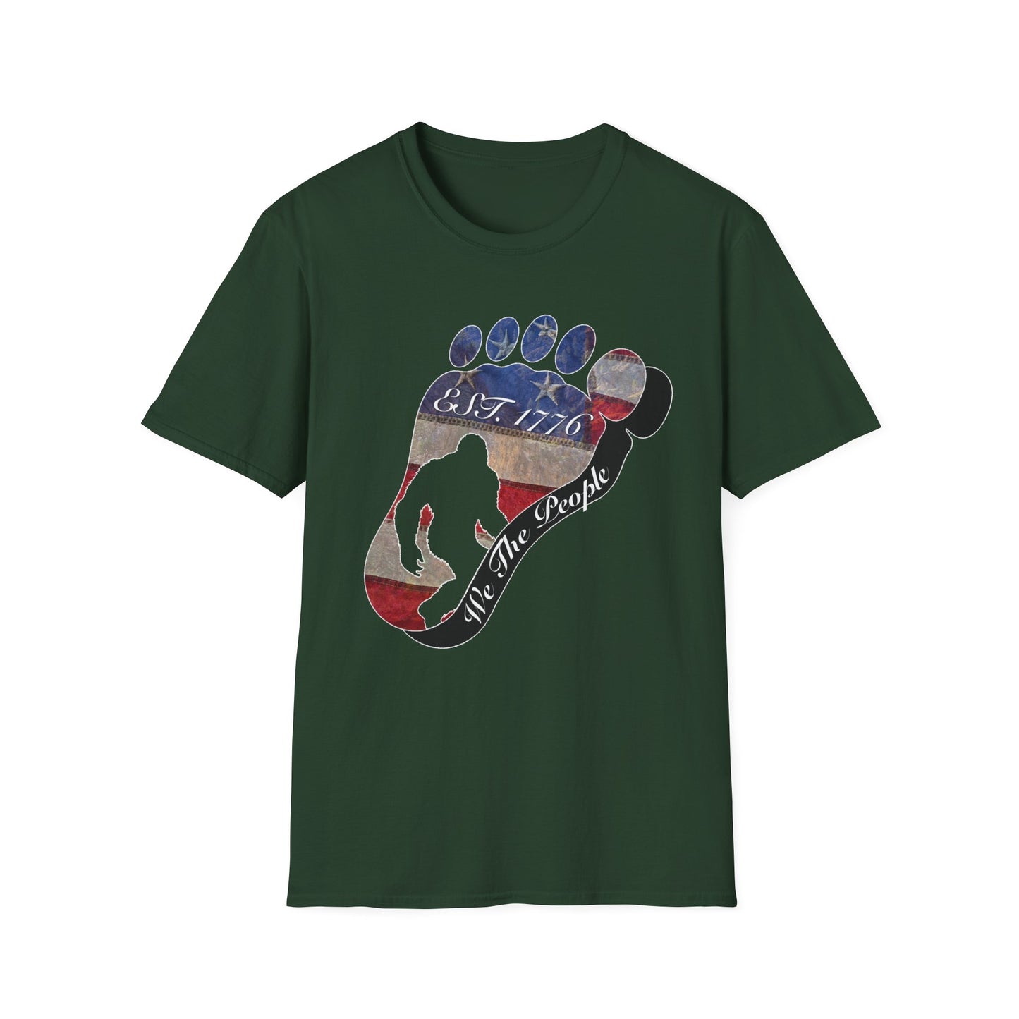 Going Norther Bigfoot T-Shirt — Footprint Silhouette with Distressed Flag "EST. 1776 - We The People"