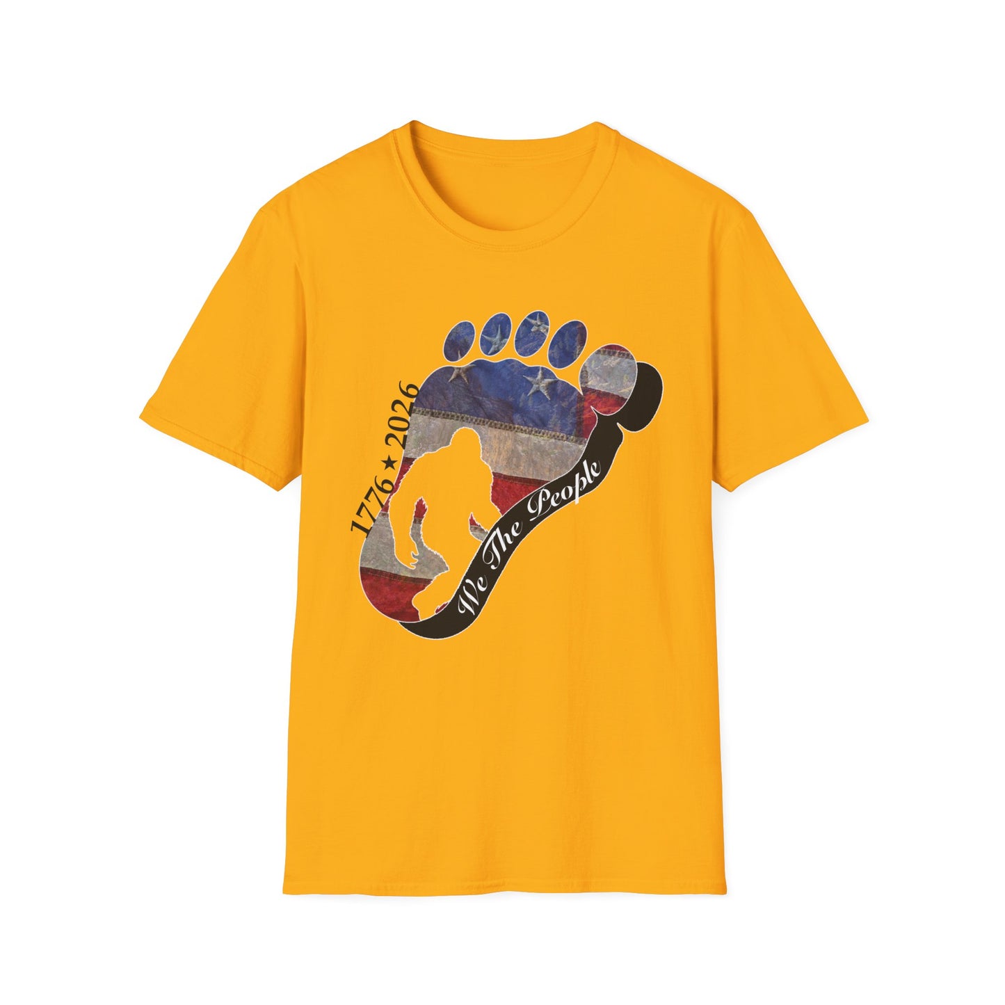 Going Norther Bigfoot T-Shirt — Footprint Silhouette with Distressed Flag & "1776 - 2026 - We The People"