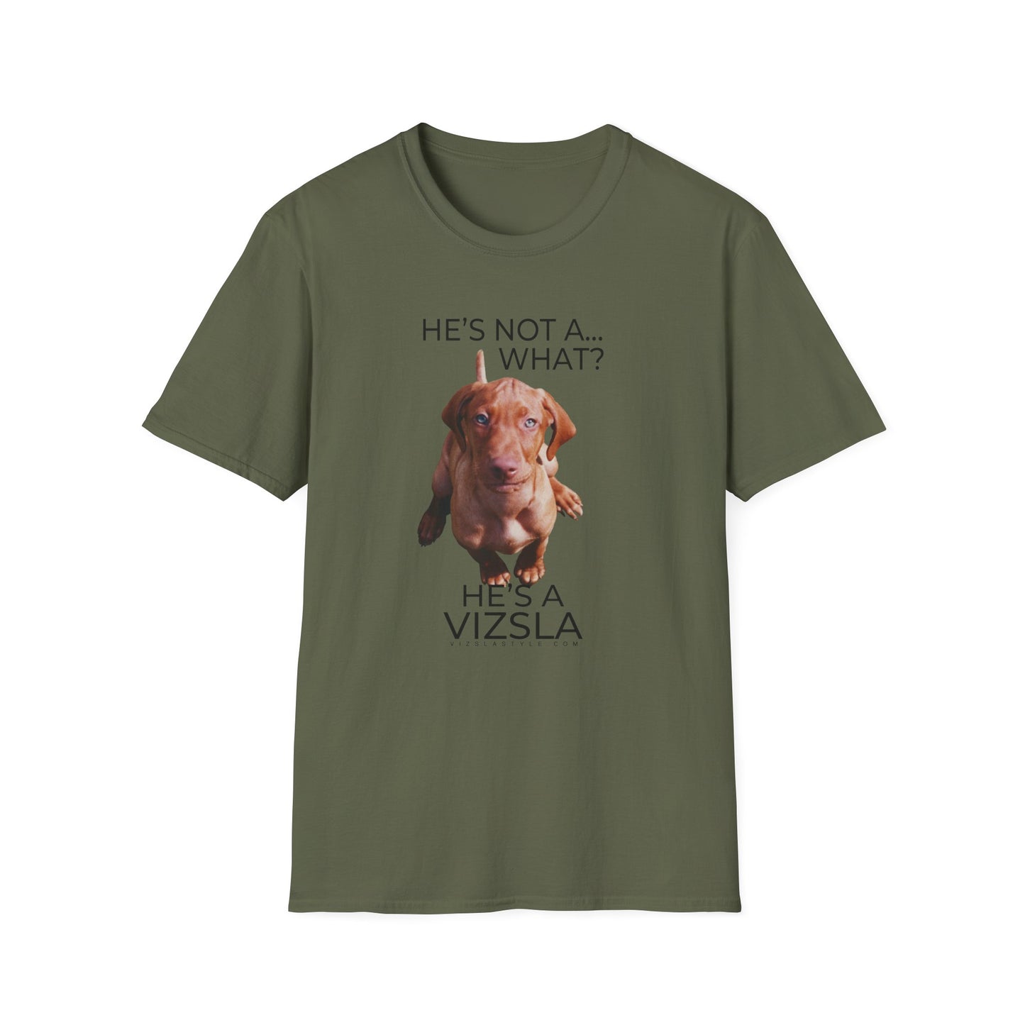He's Not A What... He's A Vizsla (in Color) - All Around Sports T-shirt (Dk Text)