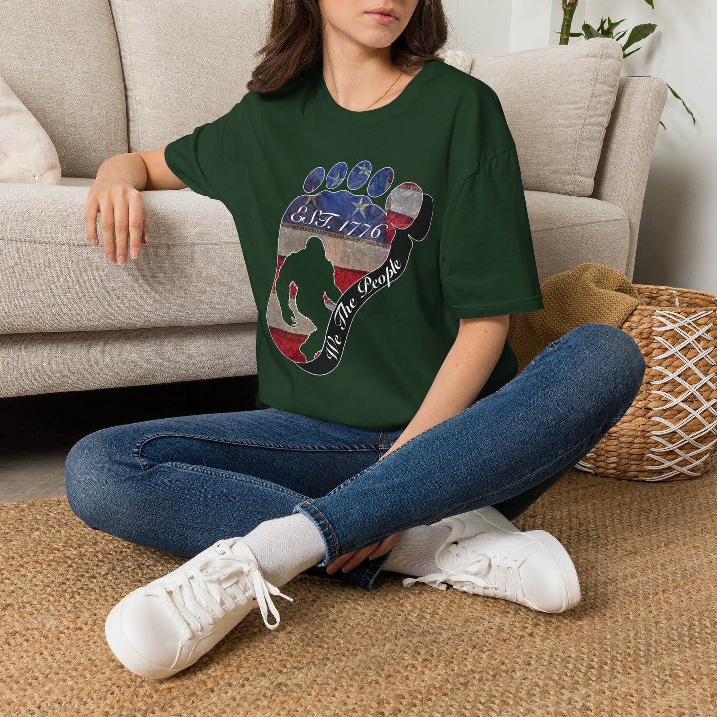 Going Norther Bigfoot T-Shirt — Footprint Silhouette with Distressed Flag "EST. 1776 - We The People"