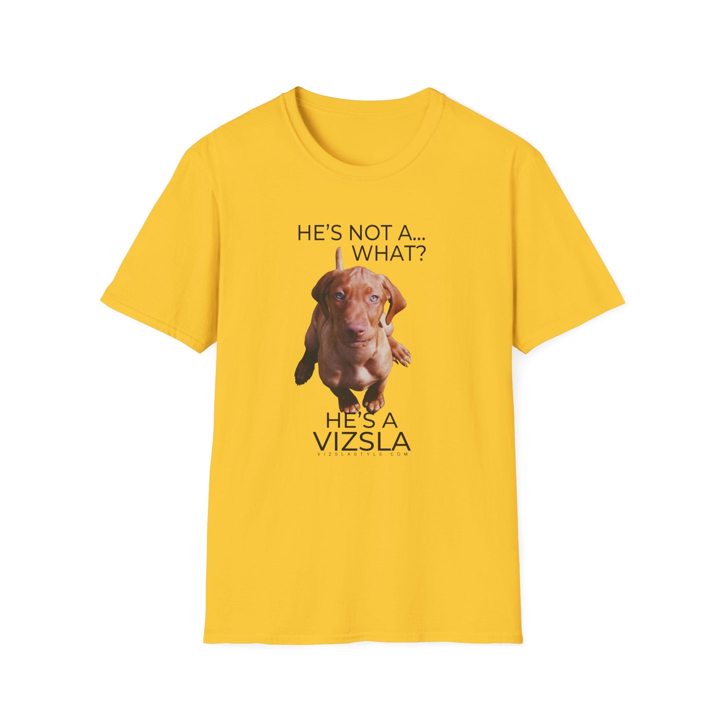 He's Not A What... He's A Vizsla (in Color) - All Around Sports T-shirt (Dk Text)