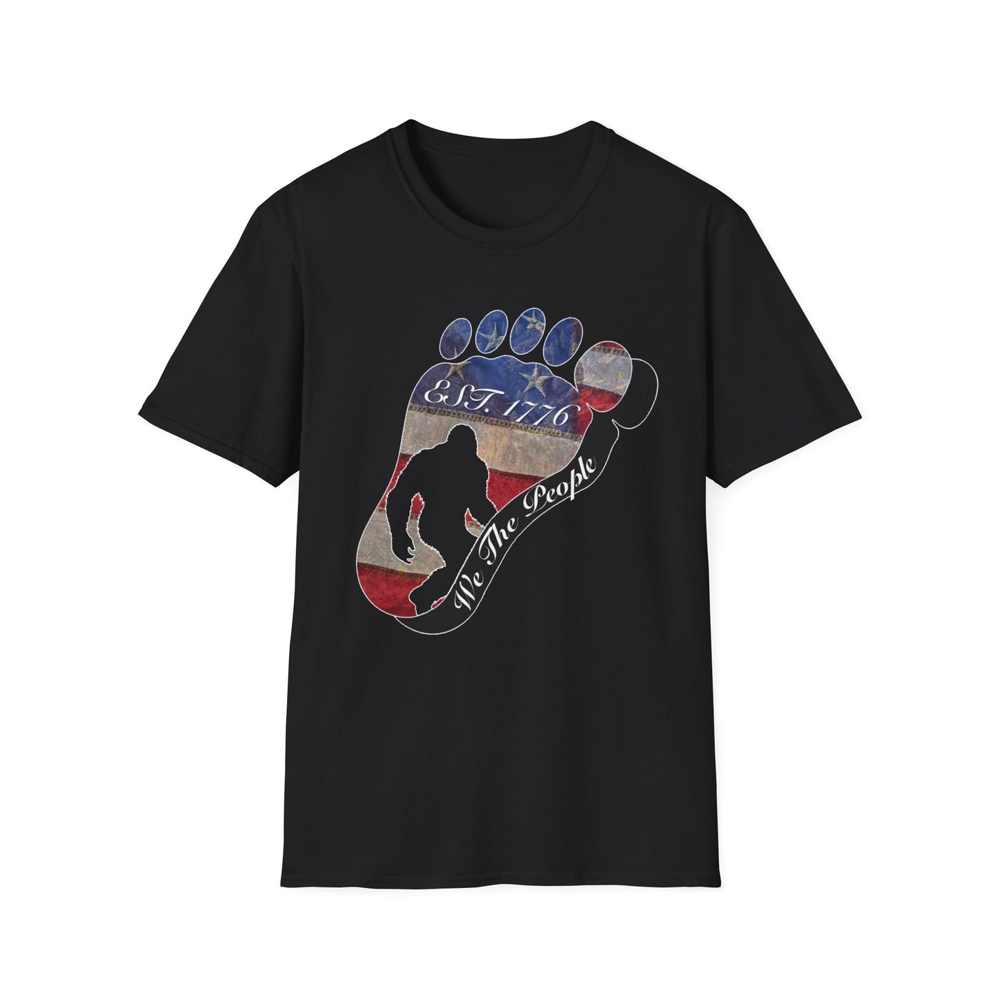 Going Norther Bigfoot T-Shirt — Footprint Silhouette with Distressed Flag "EST. 1776 - We The People"