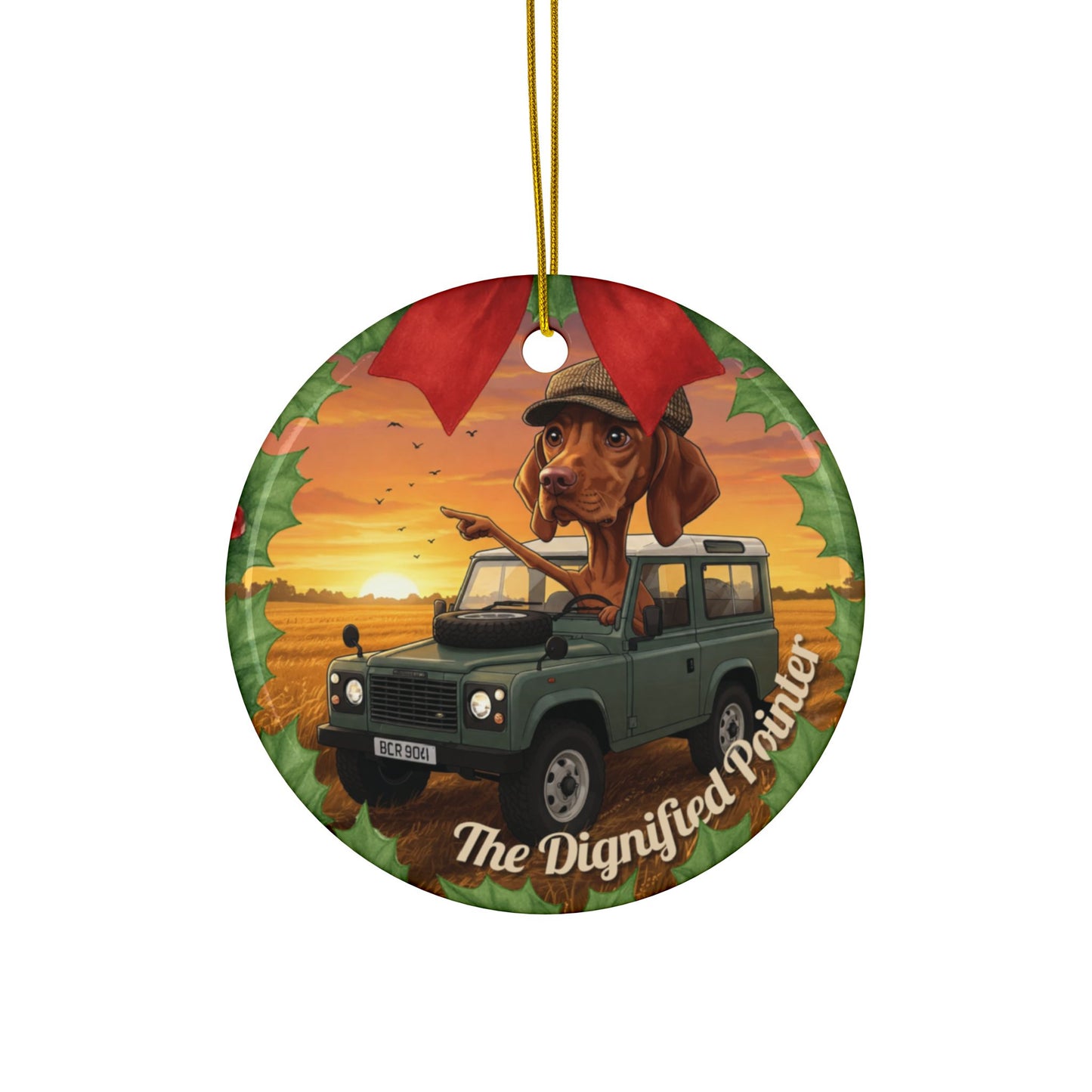 Ceramic Ornament — 'The Dignified Pointer' Dog in Off‑Road SUV Holiday Keepsake