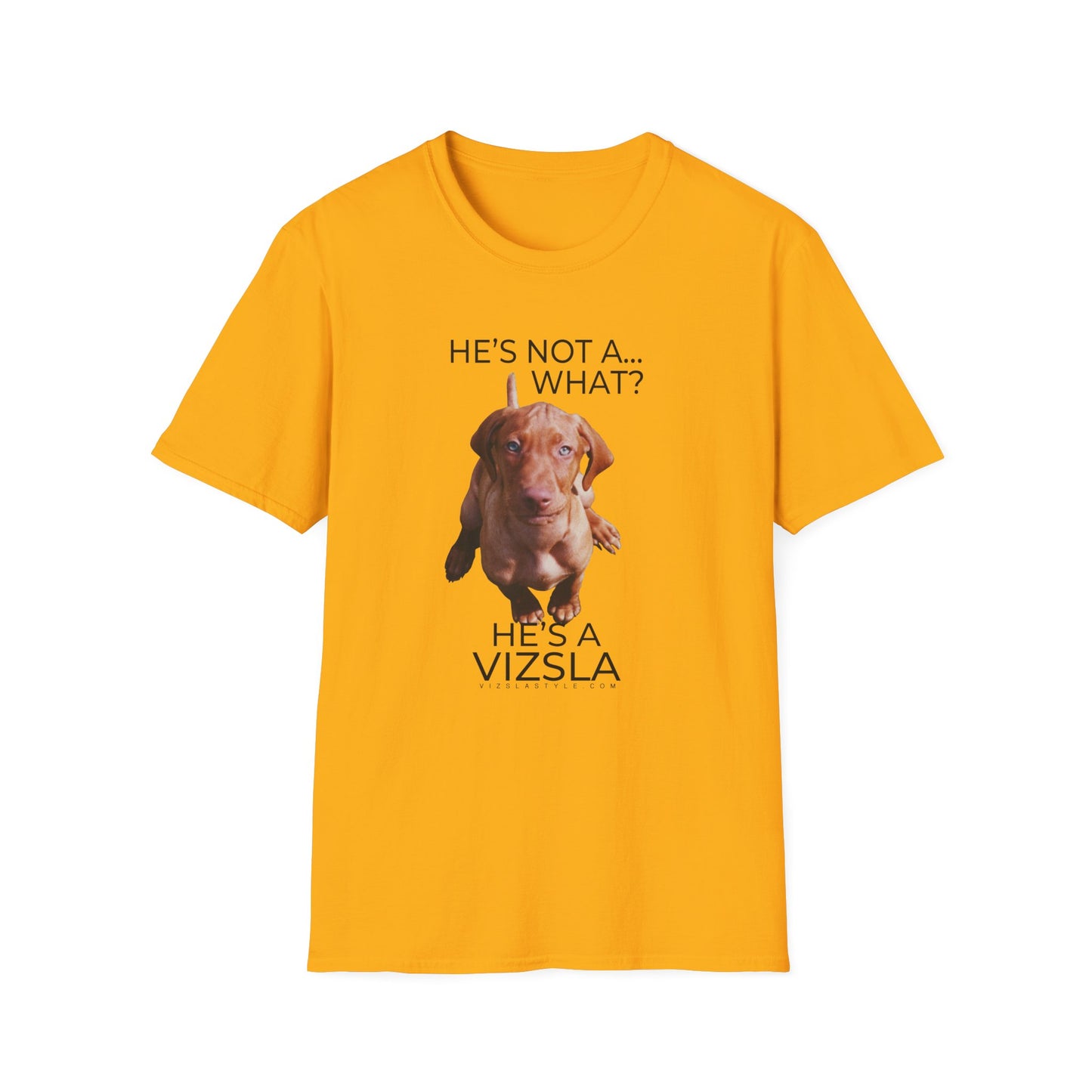 He's Not A What... He's A Vizsla (in Color) - All Around Sports T-shirt (Dk Text)