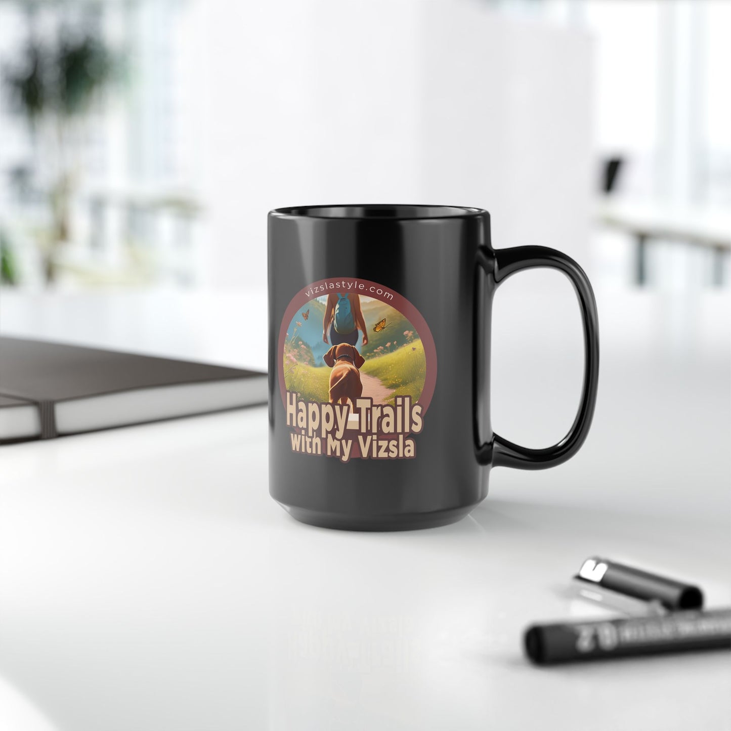 Happy Trails With My Vizsla (Hiker) w/ Puppy Face - Vizsla - Black Mug