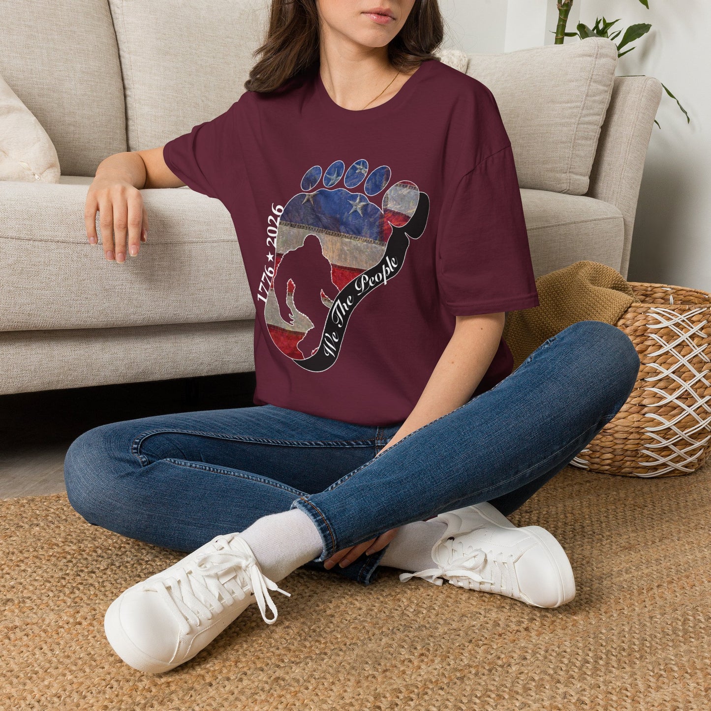 Going Norther Bigfoot T-Shirt — Footprint Silhouette with Distressed Flag & "1776 - 2026 - We The People"