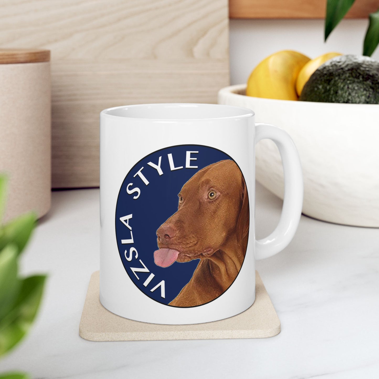 Lake Coeur d'Alene in Blue with Vizsla Style Logo White Glossy Mug
