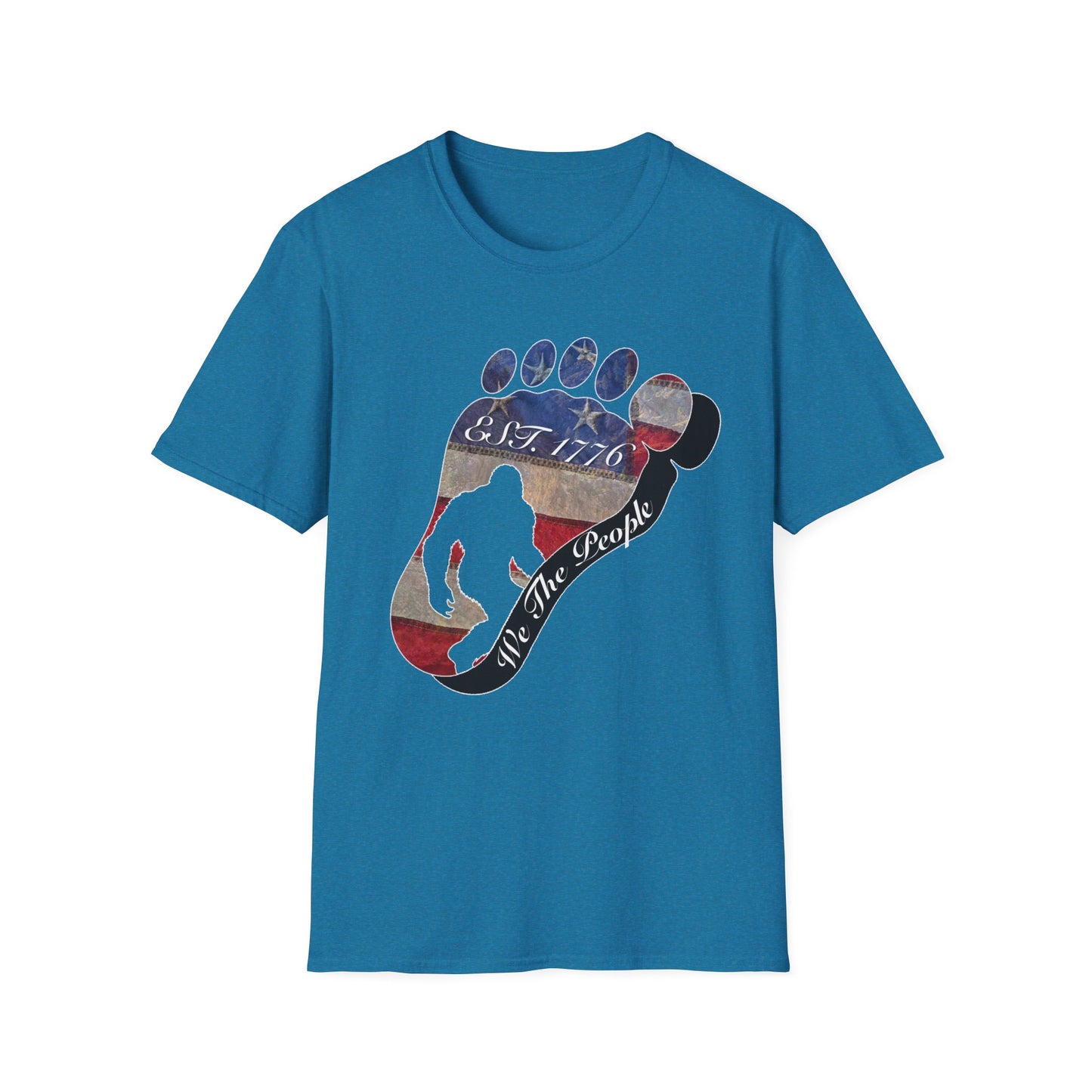 Going Norther Bigfoot T-Shirt — Footprint Silhouette with Distressed Flag "EST. 1776 - We The People"