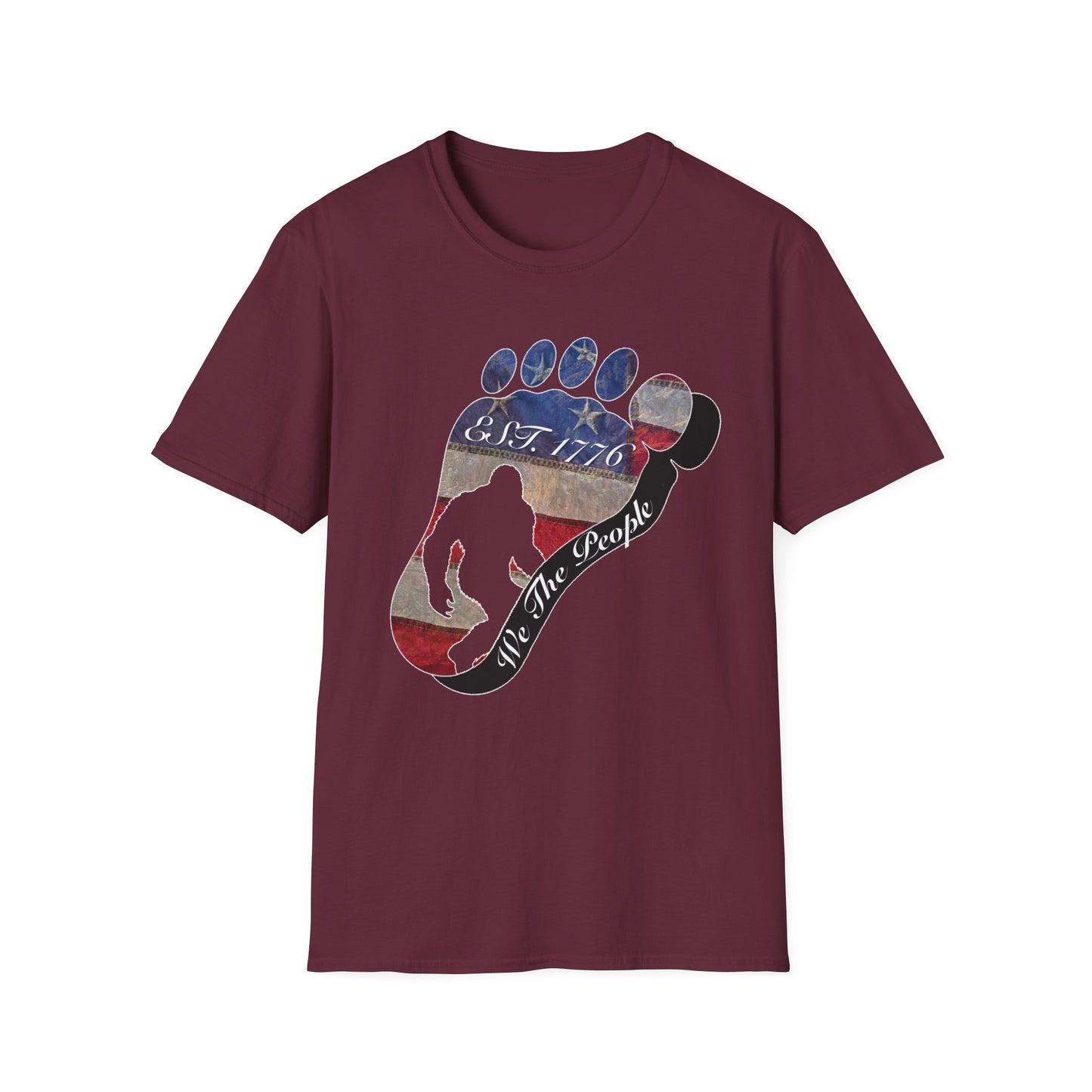 Going Norther Bigfoot T-Shirt — Footprint Silhouette with Distressed Flag "EST. 1776 - We The People"