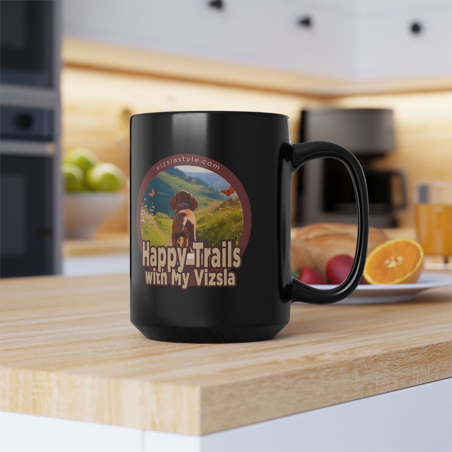 Happy Trails With My Vizsla (Dog) w/ Puppy Face - Vizsla - Black Mug