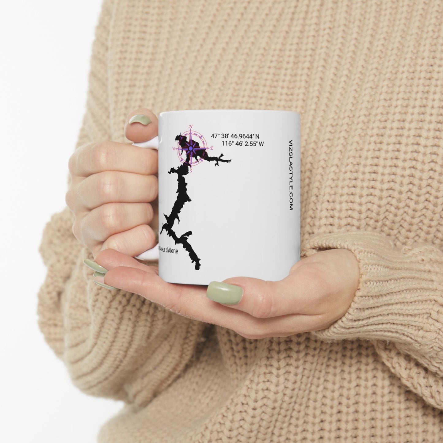 Lake Coeur d'Alene with Vizsla Style Logo White Mug
