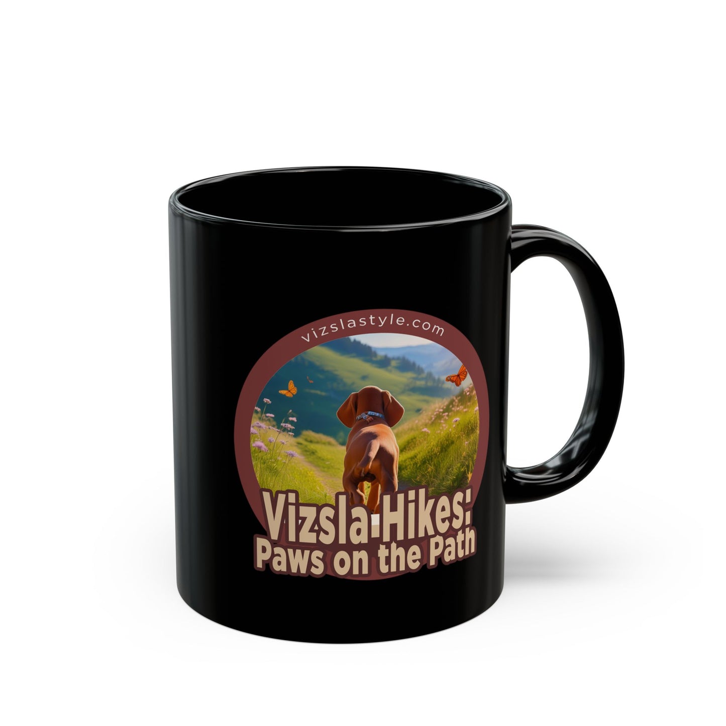 Vizsla Hikes: Paws On The Path (dog) w/ Puppy Face - Black Mug