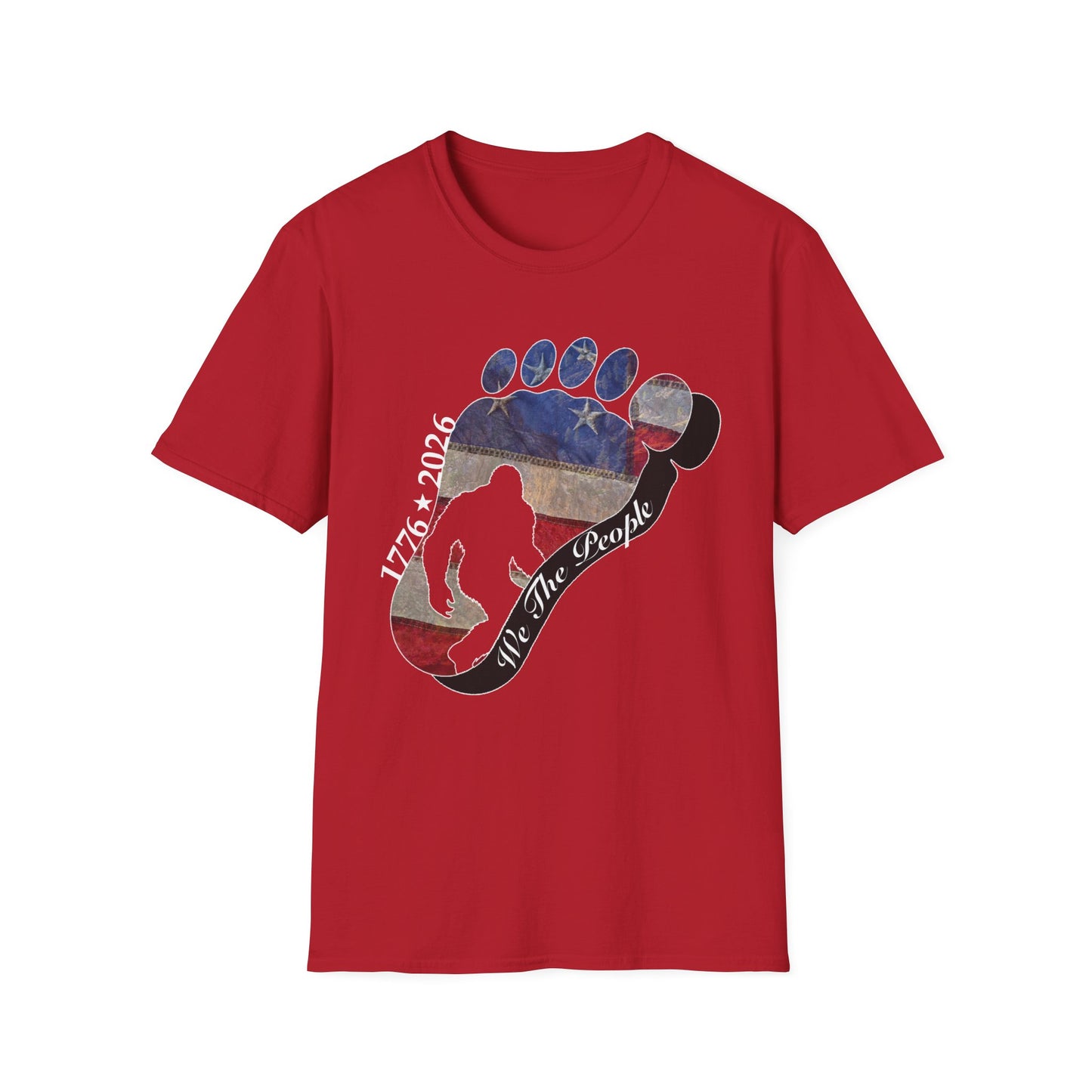 Going Norther Bigfoot T-Shirt — Footprint Silhouette with Distressed Flag & "1776 - 2026 - We The People"
