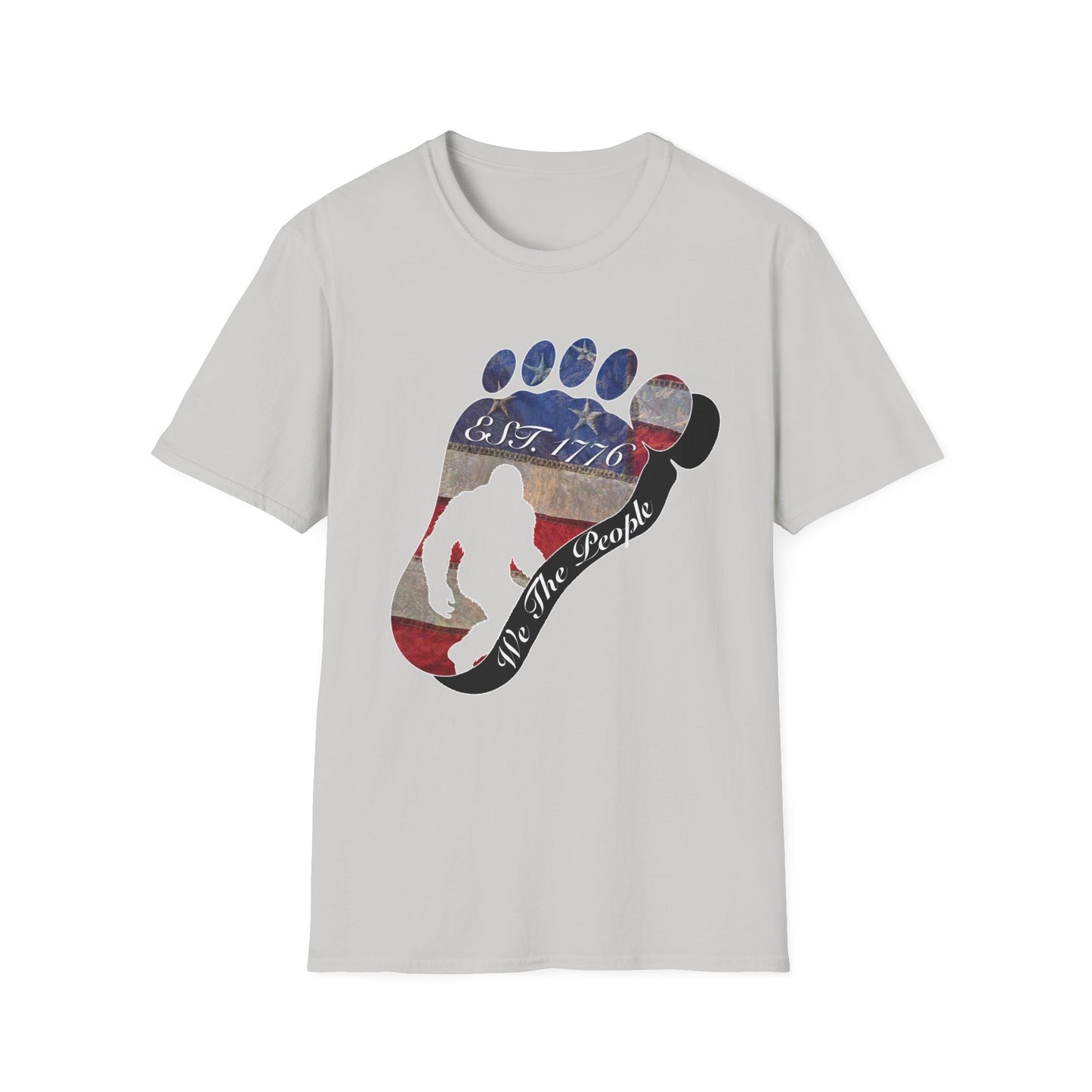 Going Norther Bigfoot T-Shirt — Footprint Silhouette with Distressed Flag "EST. 1776 - We The People"