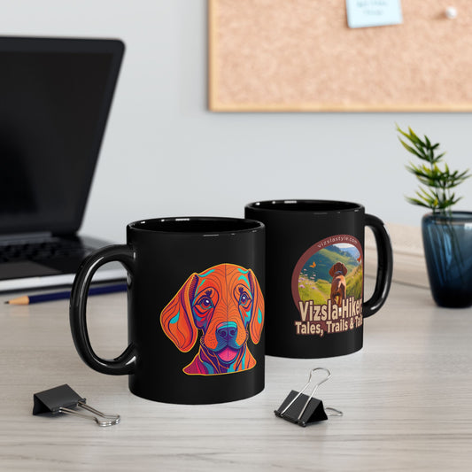 Vizsla Hiker: Tales, Trails & Tails - (Dog) w/ Puppy Face - Vizsla - Black Mug