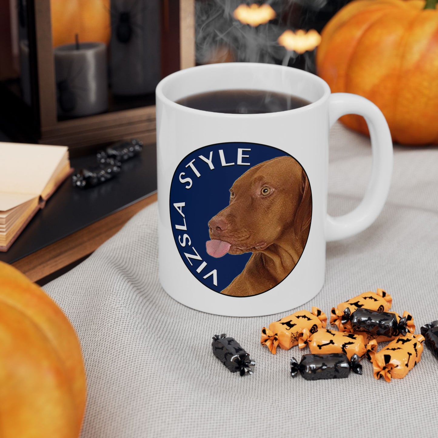 Lake Coeur d'Alene with Vizsla Style Logo White Mug