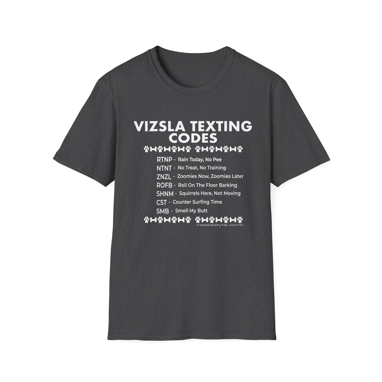 Vizsla Text Codes T-Shirt — Funny Dog Acronym Tee (RTNP, ZNZL)