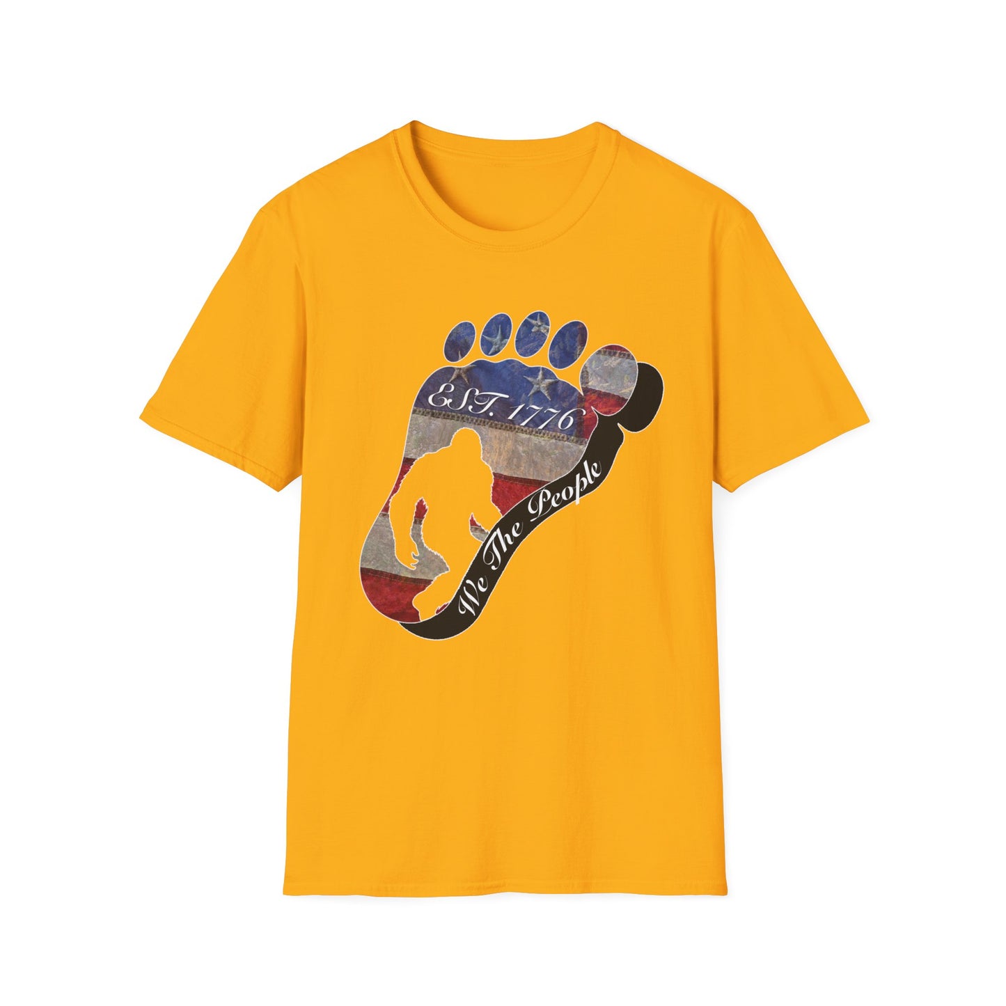 Going Norther Bigfoot T-Shirt — Footprint Silhouette with Distressed Flag "EST. 1776 - We The People"