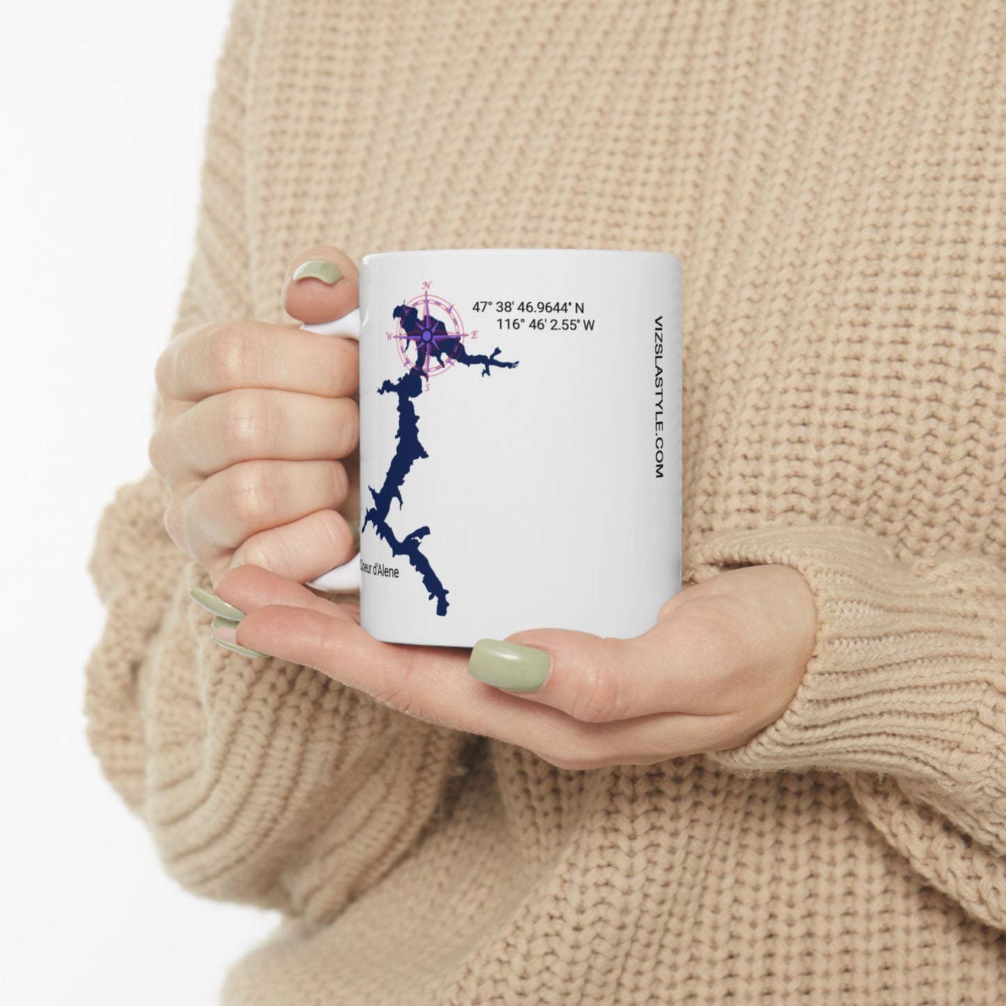 Lake Coeur d'Alene in Blue with Vizsla Style Logo White Glossy Mug