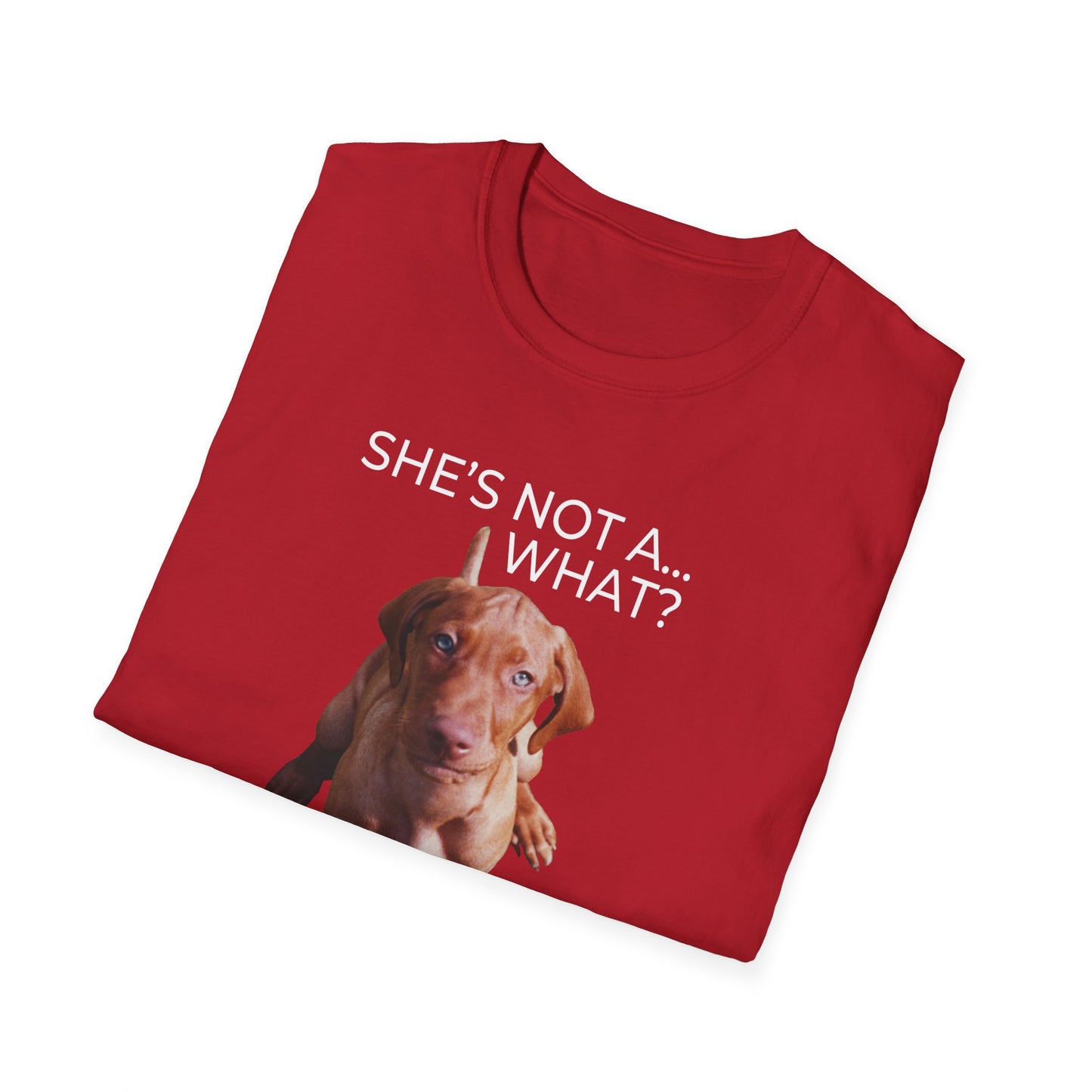 She's Not A What... She's A Vizsla (in Color) All Around Sports T-shirt (Lt Text)