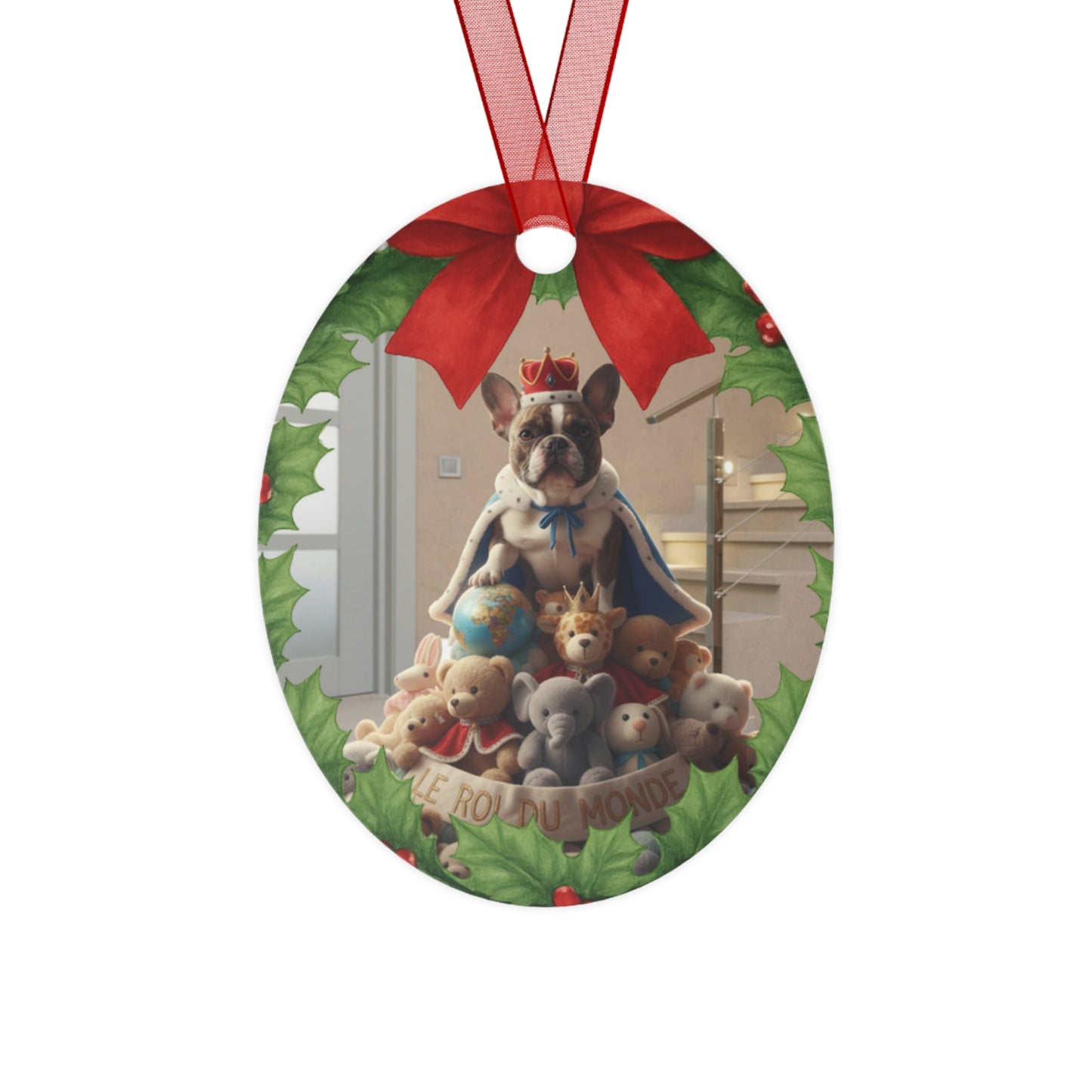 Frenchie Metal Ornament — "Le Roi Du Monde" Brindle French Bulldog Holiday Decor