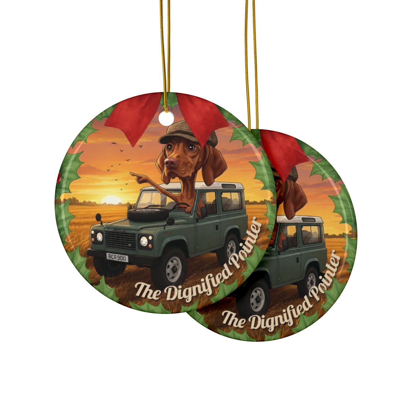 Ceramic Ornament — 'The Dignified Pointer' Dog in Off‑Road SUV Holiday Keepsake