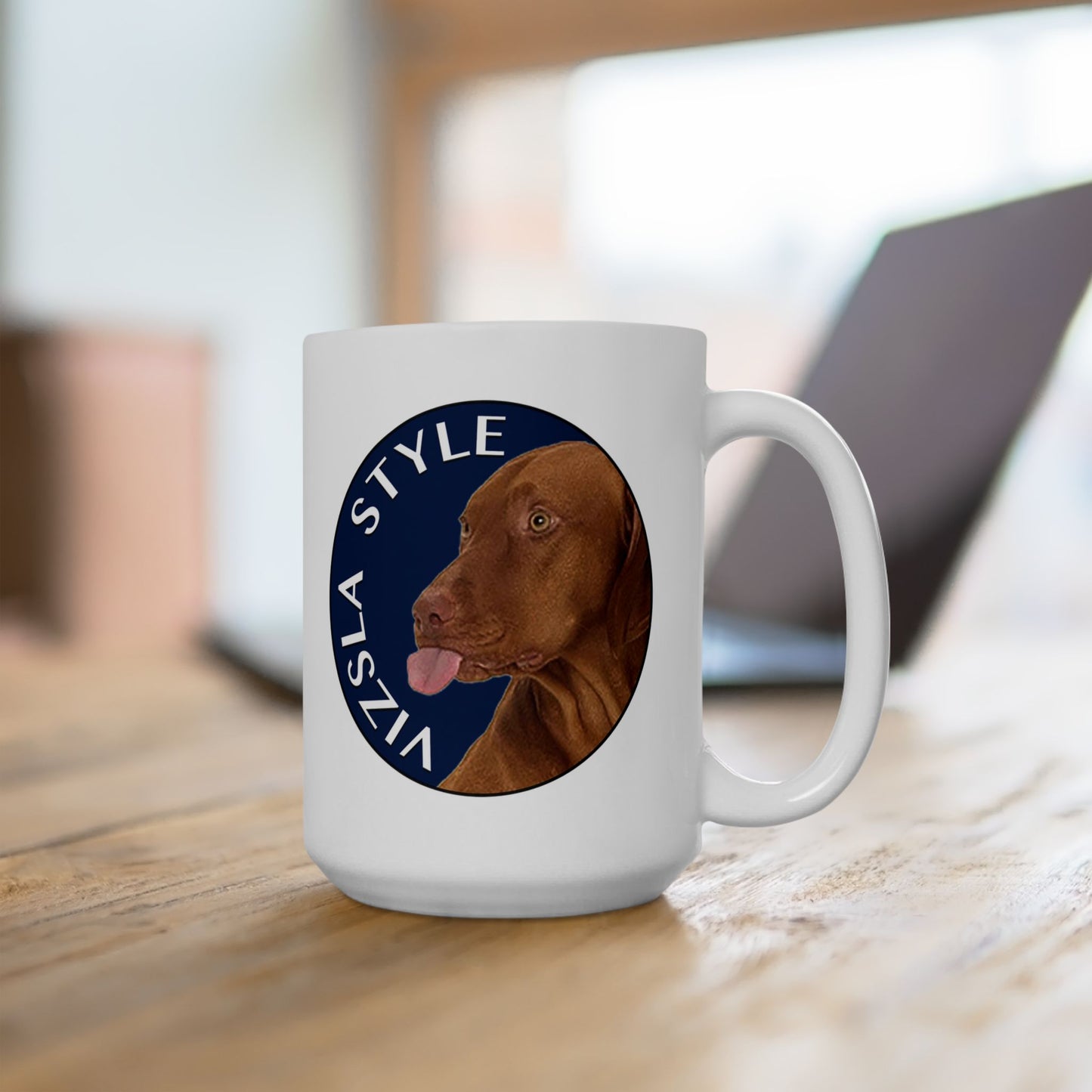 Lake Coeur d'Alene in Blue with Vizsla Style Logo White Glossy Mug