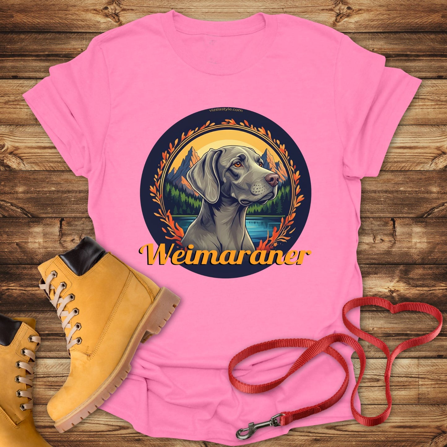 Majestic Weimaraner Mountain Landscape Tee With Gold Text