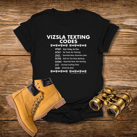 Vizsla Text Codes T-Shirt — Funny Dog Acronym Tee (RTNP, ZNZL)