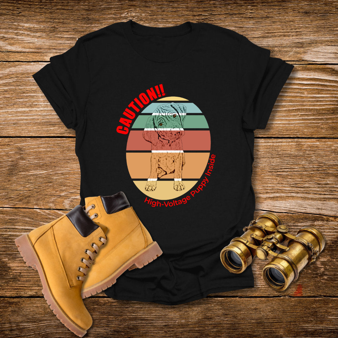 High-Voltage Puppy Inside Vizsla T-Shirt — Vintage Pastel Stripes