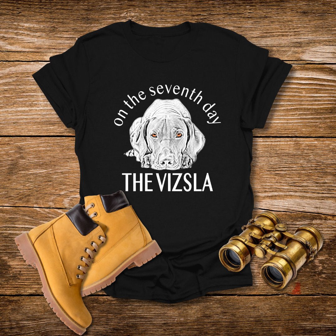 The Vizsla T-Shirt — "On the Seventh Day - THE VIZSLA" Vizsla Dog Line Art Tee