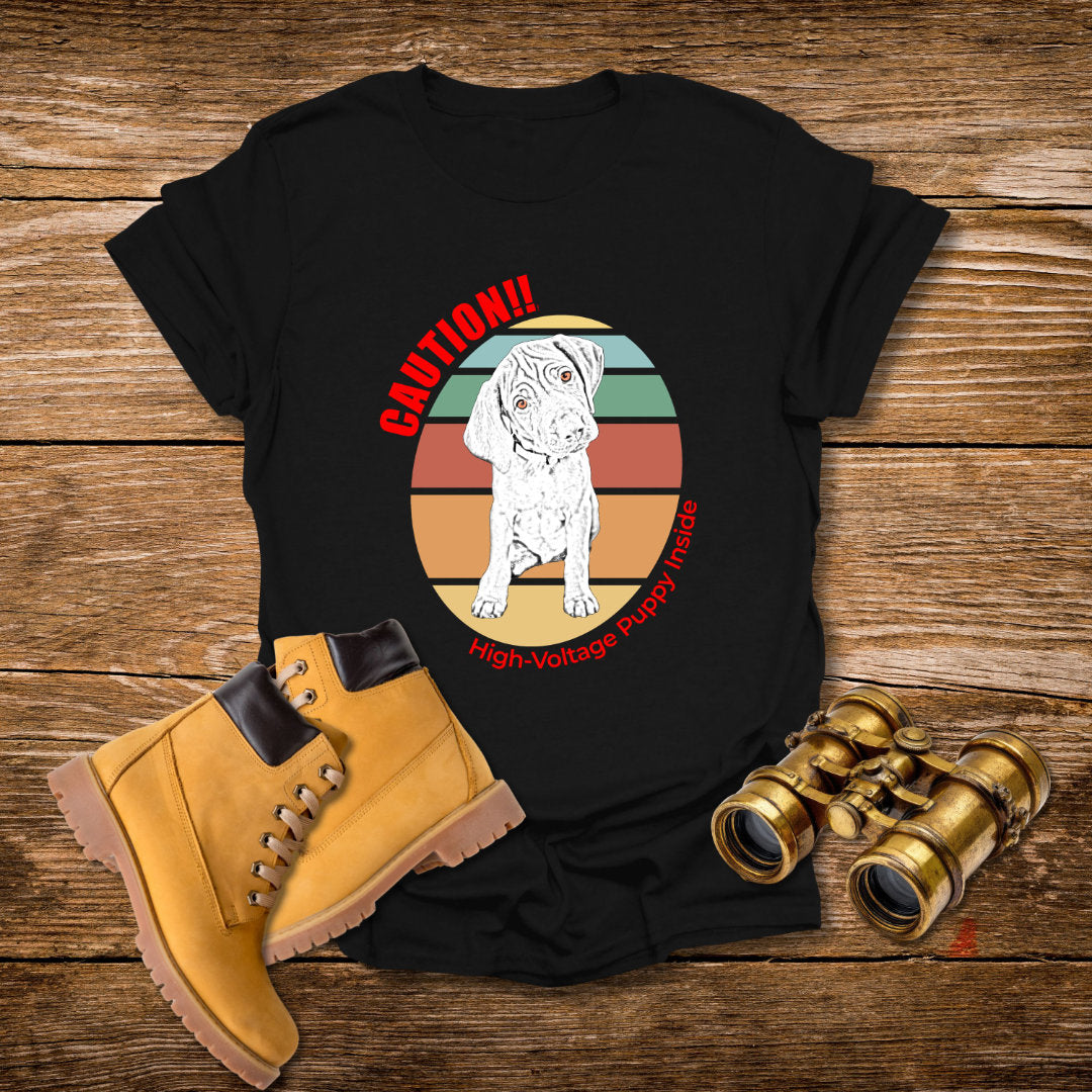 High-Voltage Puppy Inside Vizsla T-Shirt — Vintage Pastel Stripes