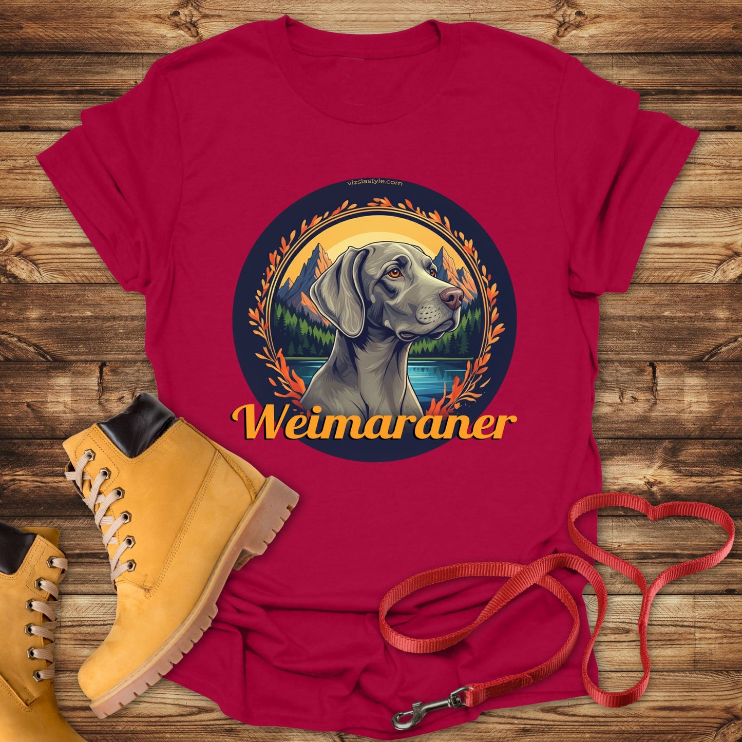 Majestic Weimaraner Mountain Landscape Tee With Gold Text