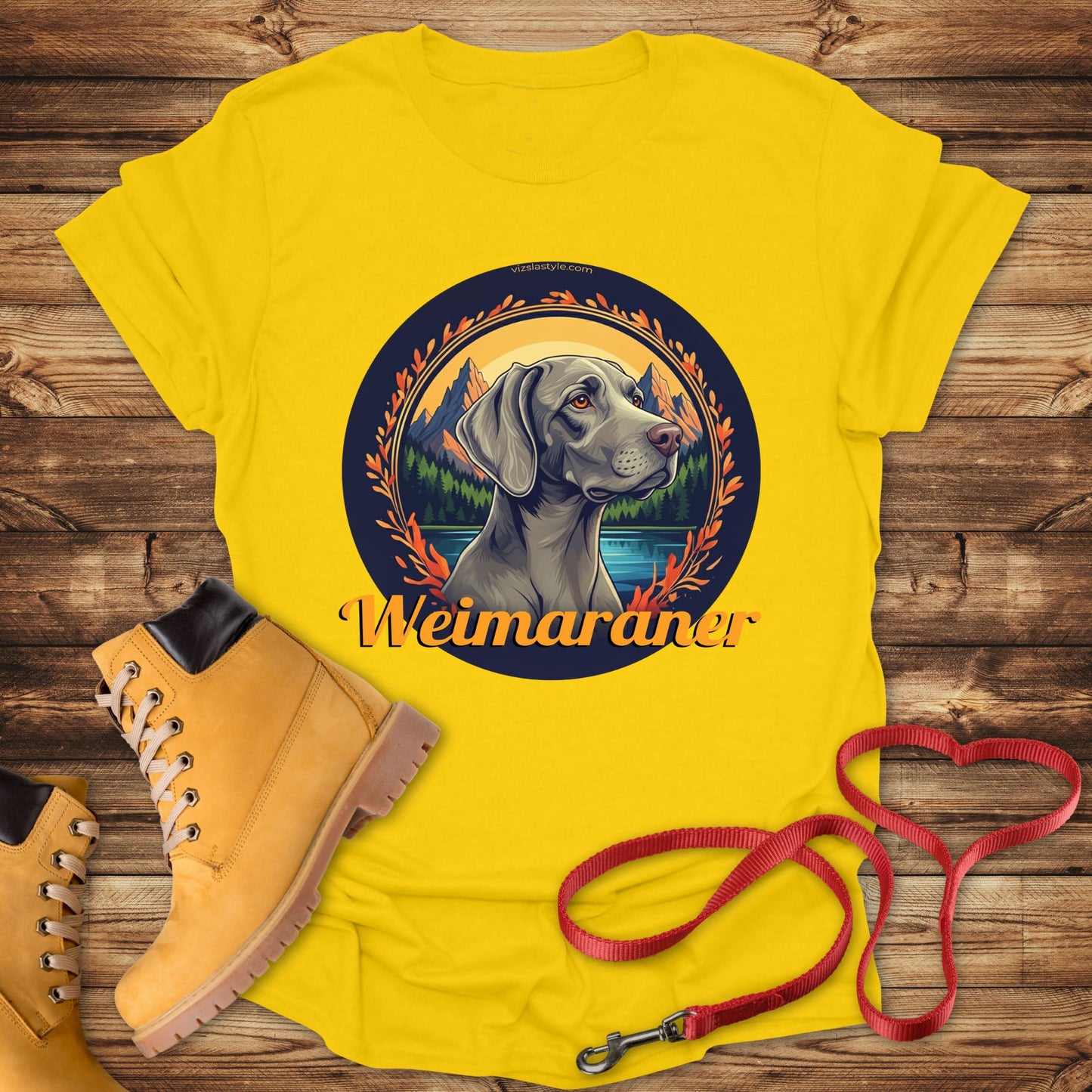 Majestic Weimaraner Mountain Landscape Tee With Gold Text