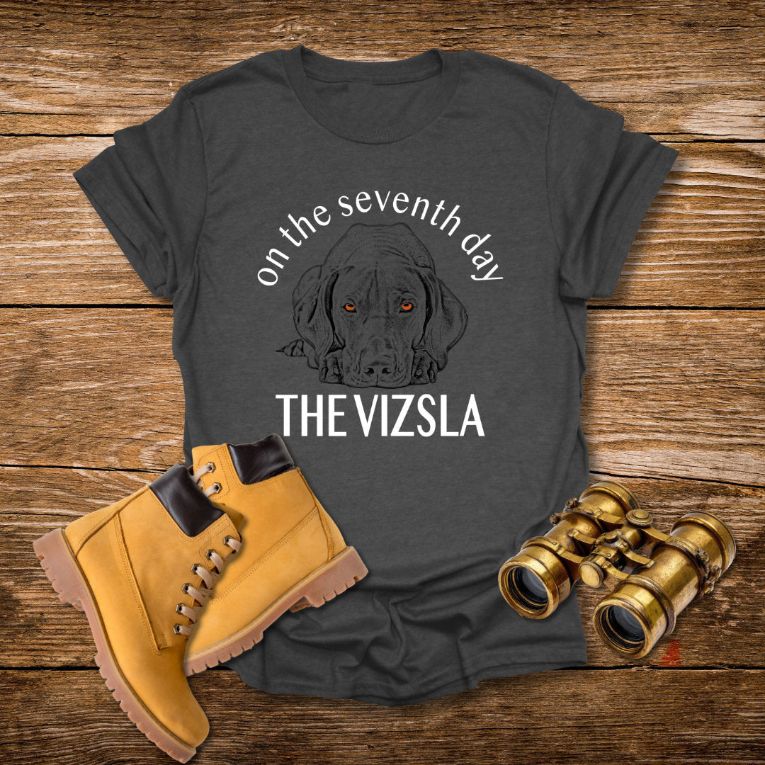 The Vizsla T-Shirt — "On the Seventh Day - THE VIZSLA" Vizsla Dog Line Art Tee