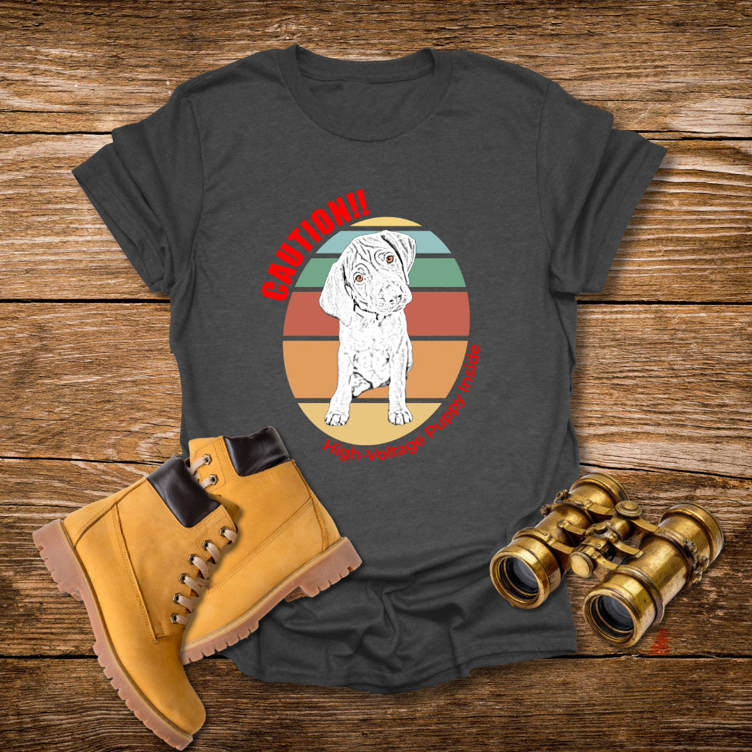 High-Voltage Puppy Inside Vizsla T-Shirt — Vintage Pastel Stripes