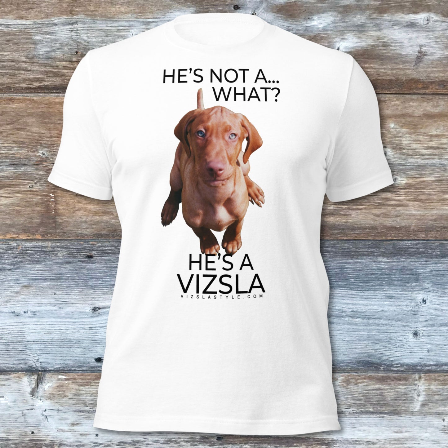 He's Not A What... He's A Vizsla (in Color) - All Around Sports T-shirt (Dk Text)