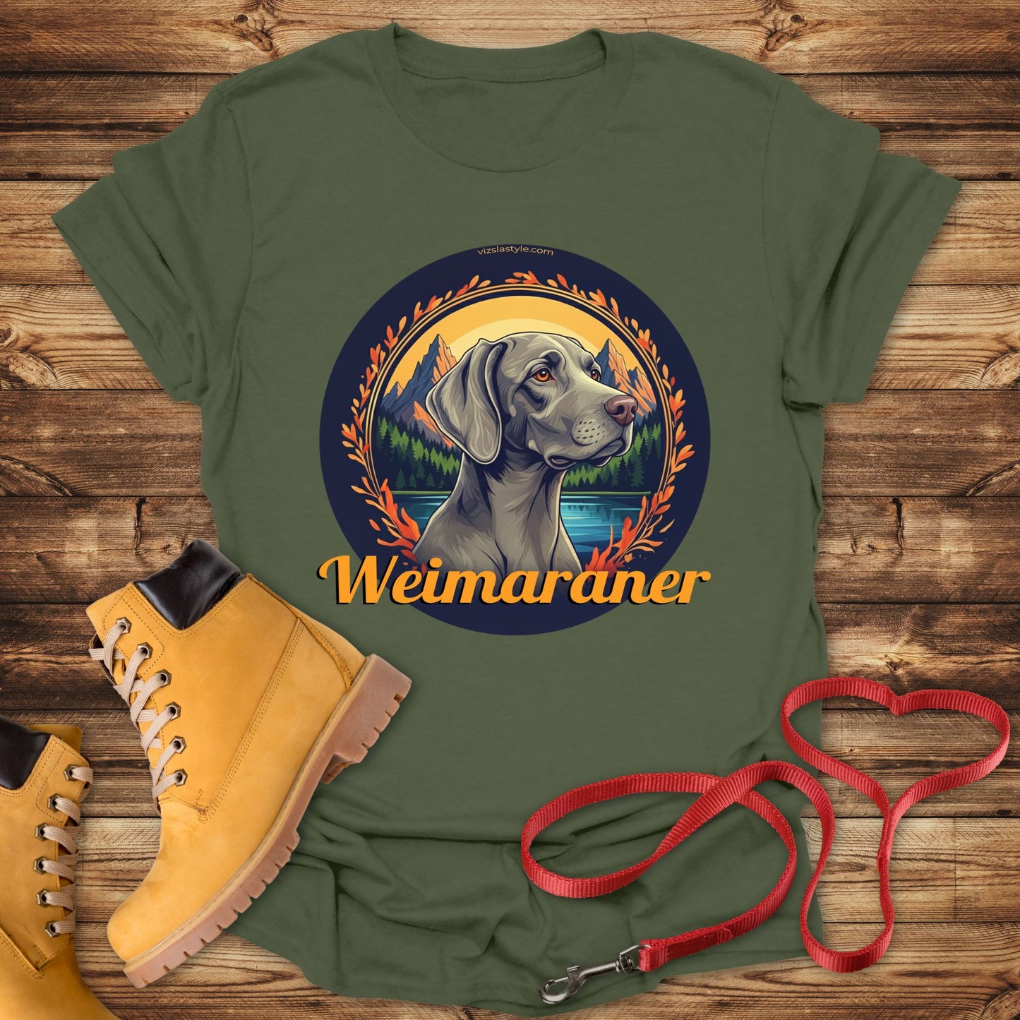 Majestic Weimaraner Mountain Landscape Tee With Gold Text