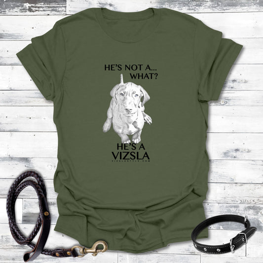 He's Not A What... He's A Vizsla - All Around Sports T-shirt (Dk Text)