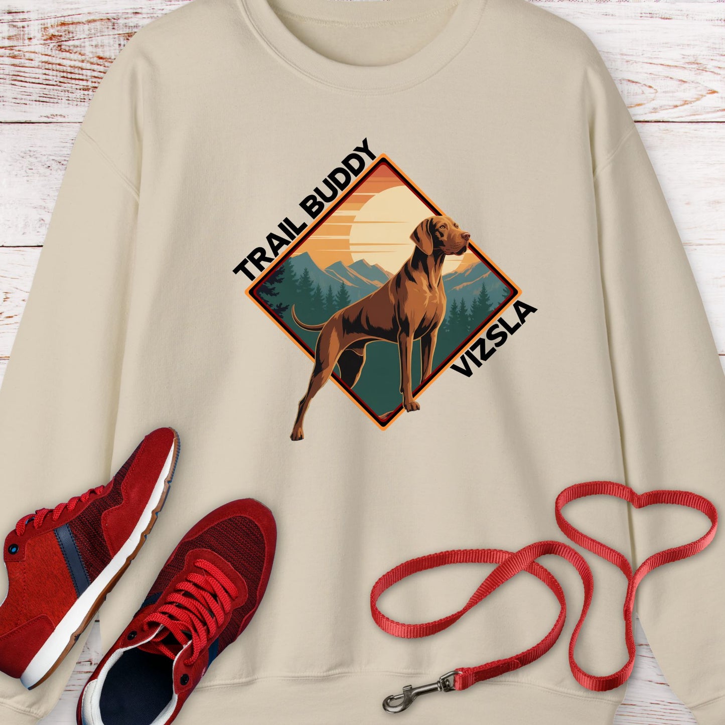 Vizsla Trail Buddy — Vintage Outdoor Dog Lover Crewneck Sweatshirt