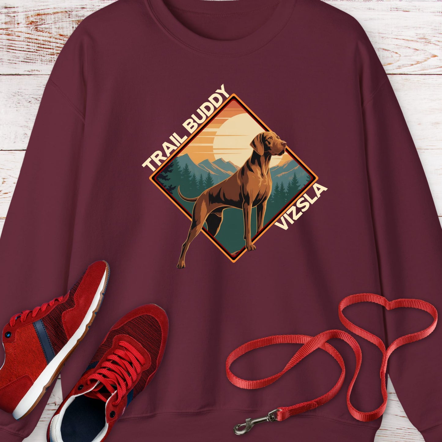 Vizsla Trail Buddy — Vintage Outdoor Dog Lover Crewneck Sweatshirt