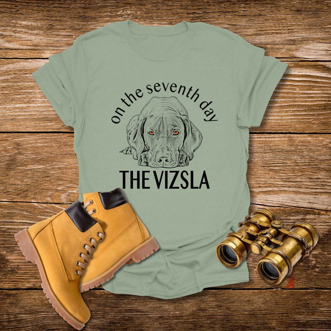 The Vizsla T-Shirt — "On the Seventh Day - THE VIZSLA" Vizsla Dog Line Art Tee