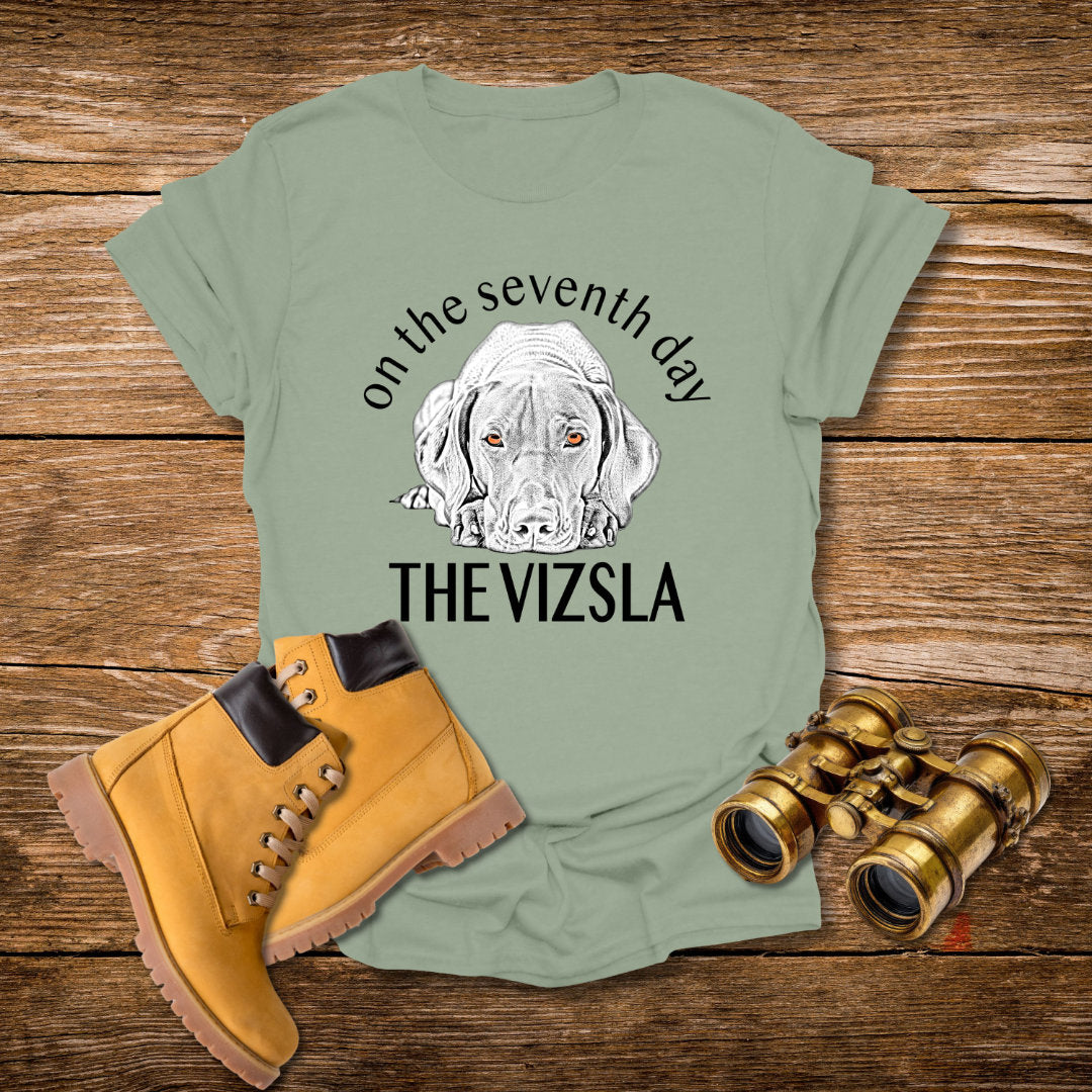 The Vizsla T-Shirt — "On the Seventh Day - THE VIZSLA" Vizsla Dog Line Art Tee