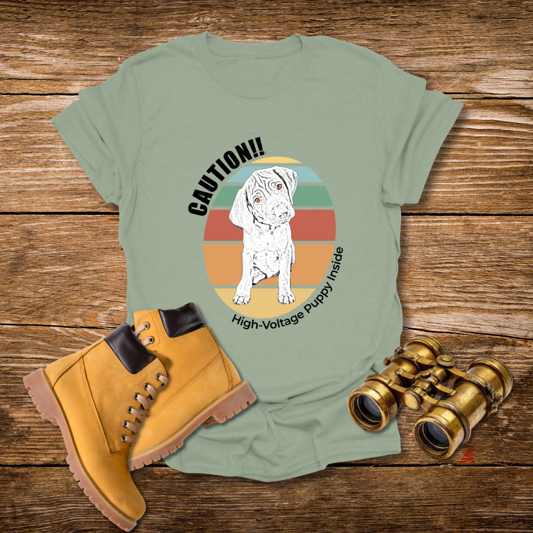 High-Voltage Puppy Inside Vizsla T-Shirt — Vintage Pastel Stripes