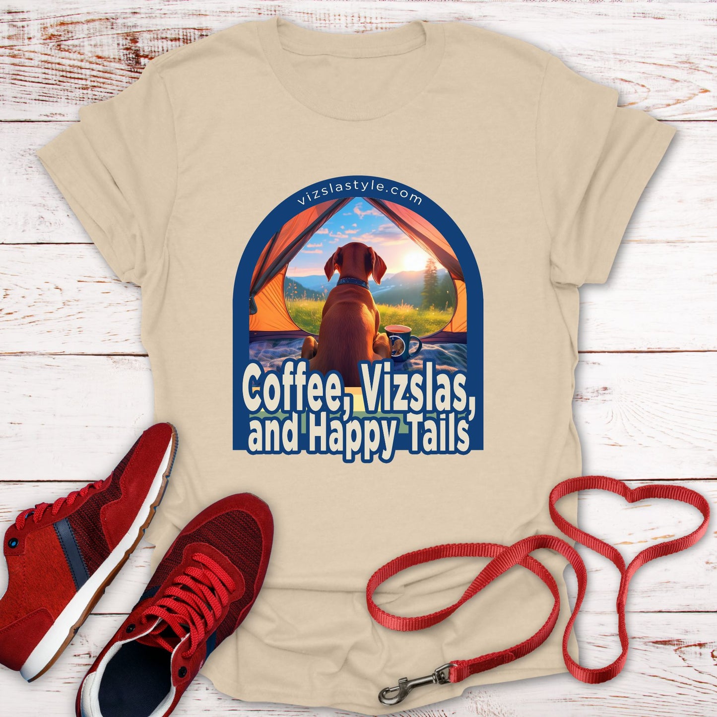Coffee, Vizslas, and Happy Tails! t-shirt