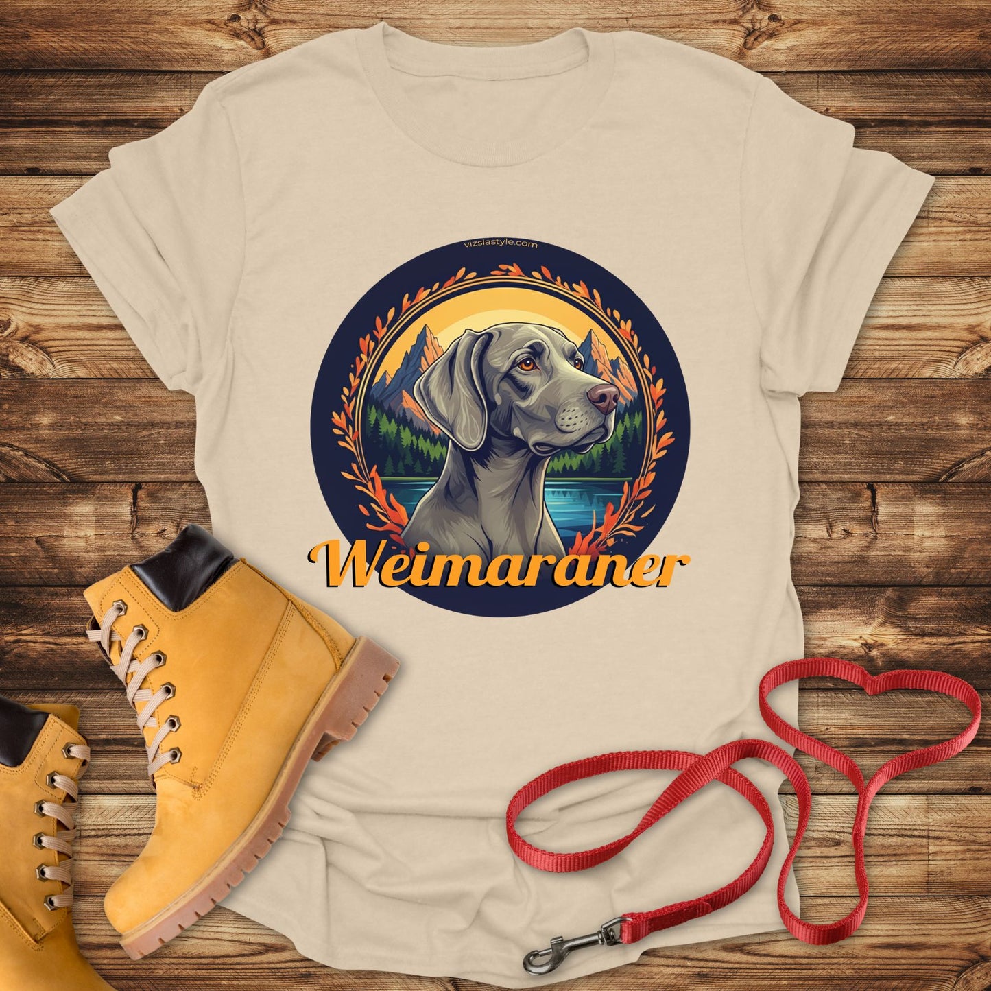 Majestic Weimaraner Mountain Landscape Tee With Gold Text